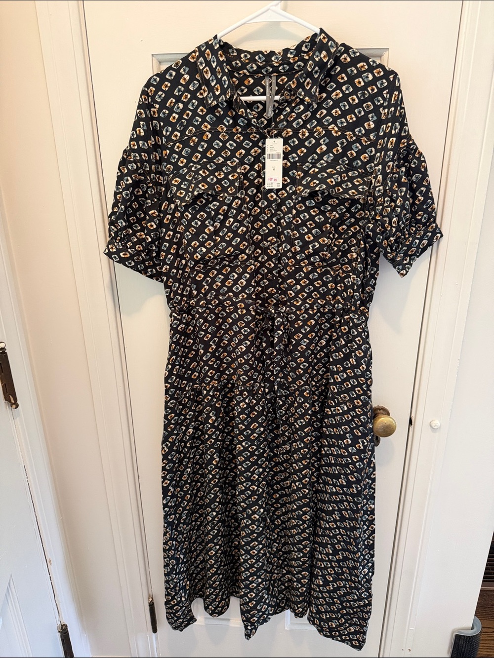 NWT Anthropologie Black Printed Midi Shirt Dress with Drawstring Waist